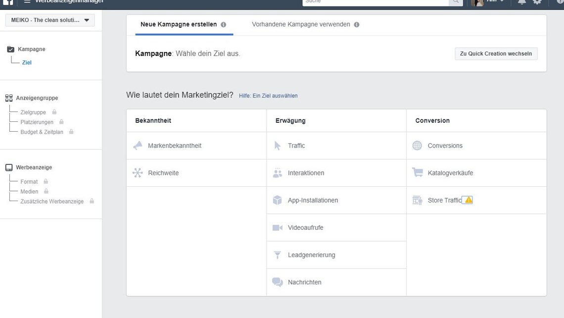 1) 选择目标 FB Ads erstellen - erstens Ziel auswählen
