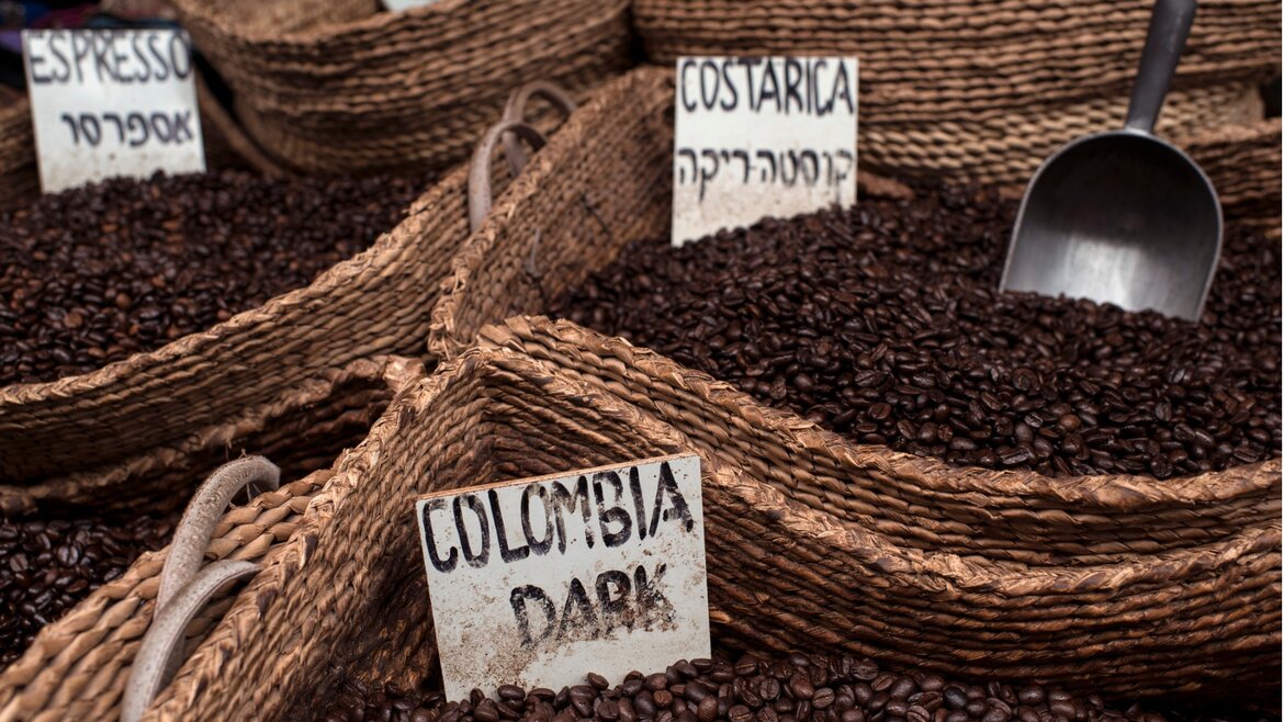 Roasted coffee beans in baskets Roasted coffee beans in baskets