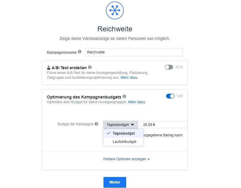 2) 设置每日或执行时间预算 FB Ads erstellen - zweitens Tages- oder Laufzeitbudget festlegen