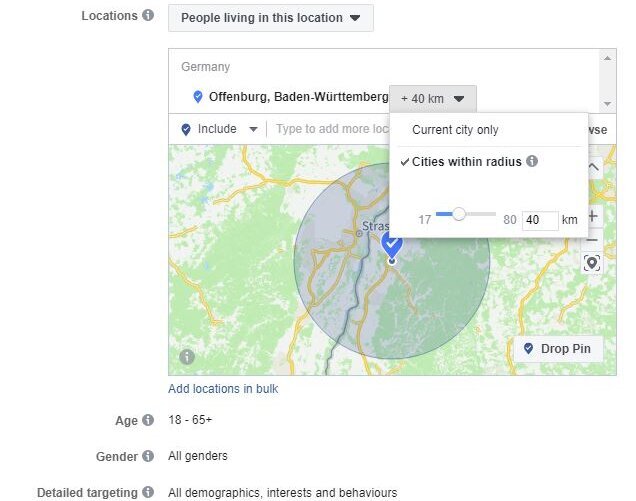 Creating FB Ads – thirdly define your target audience by location