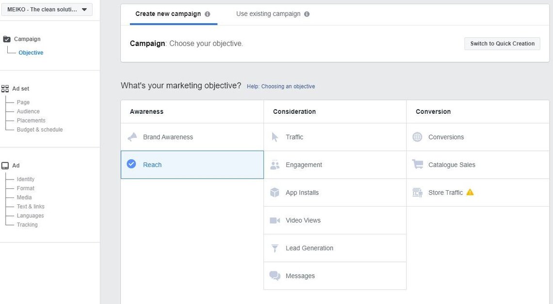 Creating FB Ads – firstly select your objective